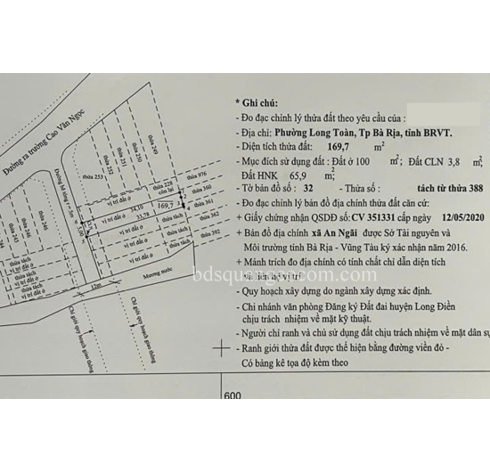 BÁN 5 LÔ ĐẤT FO - 5mx34m (100TC) - Đường Chân Tiên -  TT An Ngãi - Long Điền - Bà Rịa Vũng Tàu
