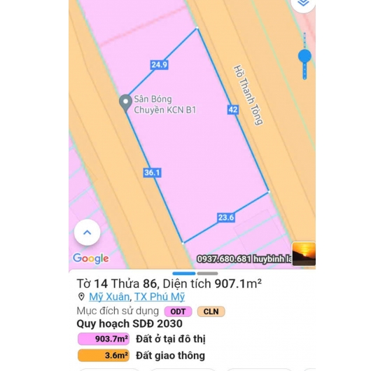 Bán 1.206 m² Đất Mặt Tiền - Đường khu công nghiệp Mỹ Xuân B1. Thị Xã Phú Mỹ - Bà Rịa Vũng Tàu
